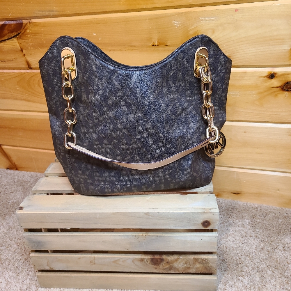 Michael Kors Lillie Large Signature Brown Chain Shoulder Tote